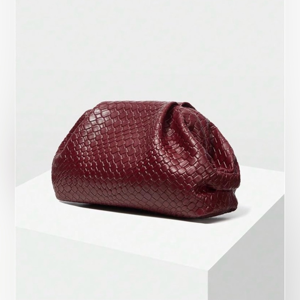 Elegant Burgundy Woven Leather Croc Clutch
